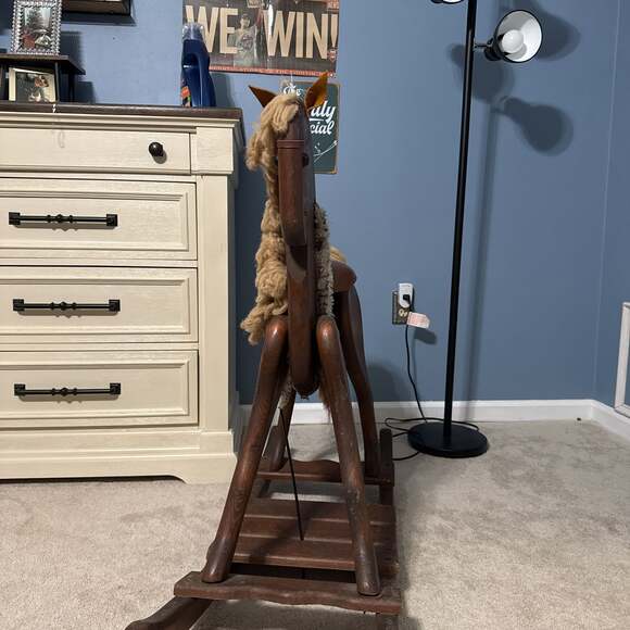 Vintage Woods of America 1983 Wood Rocking Horse with Leather Ears and Strap